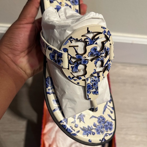 Tory Burch Shoes - Tory Burch White & Blue Floral Logo Thong Sandal